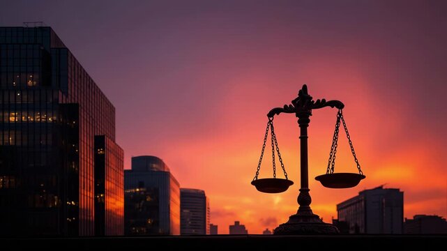 Justice Scales at Sunset, representing law, fairness, balance