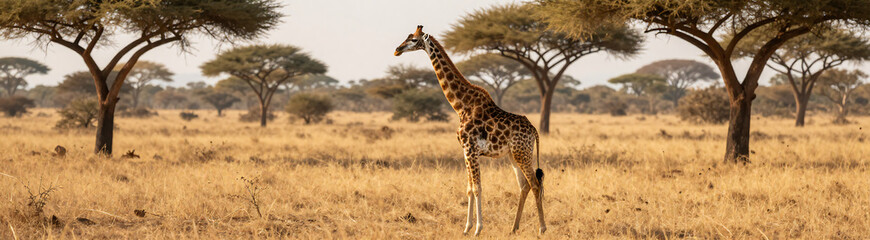 Obraz premium solitary giraffe stands vast golden savannah landscape bathed warm sunlight filtering acacia trees set backdrop