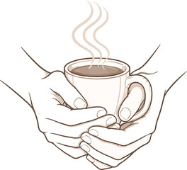 Minimalist Line Art of Hands Holding a Warm Cup of Coffee