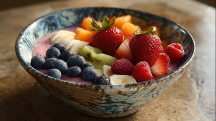 a bowl of fruit is sitting on a table