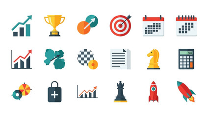A collection of colorful flat icons representing business success and strategic planning concepts © shakil