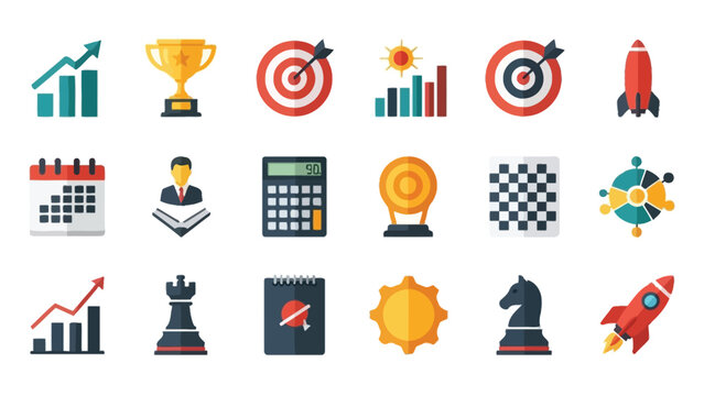 Collection of business icons representing success strategy growth and achievement in flat design