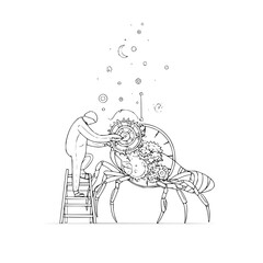 Fototapeta premium Illustration of a man on a ladder adjusting gears inside a mechanical spider with celestial elements above