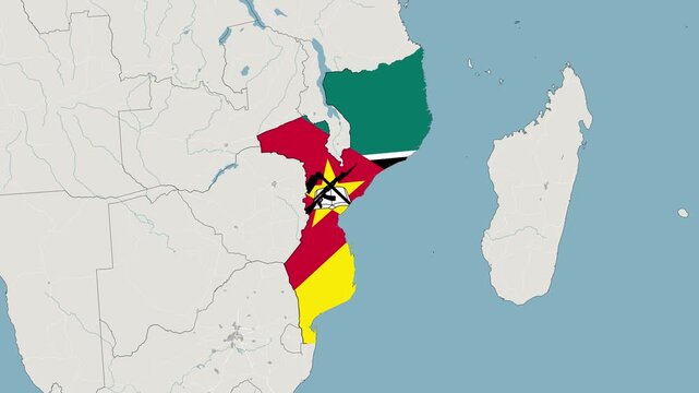 Mozambique map with national flag animation zoom in