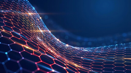 Close up of a glowing blue and orange digital hexagonal mesh structure representing neural networks and secure encrypted data transmission in a futuristic space