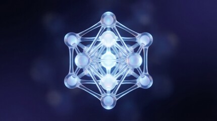 A glowing molecular structure with interconnected nodes and lines against a dark blue background