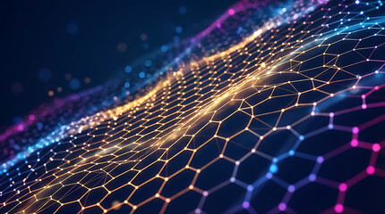 Abstract geometric mesh of glowing dots and lines in orange and blue forming a wavy honeycomb structure representing blockchain technology and network security