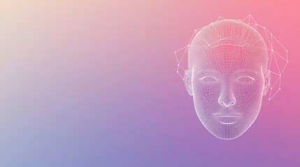 ethereal wireframe face on pastel gradient, biometric face outline icon at right with generous copy space, calm atmosphere for mental health coach avatar concept, subtle dots and connecting lines