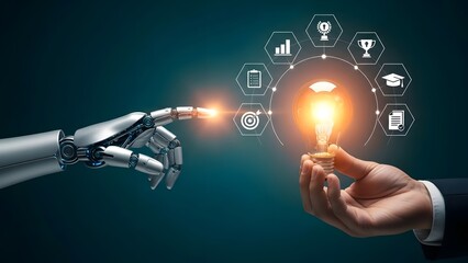 robotic hand touches light bulb held by human, symbolizing innovative AI partnership.