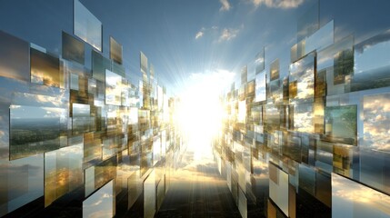 Abstract holographic projections of a futuristic cityscape illuminated by bright sunlight, showcasing digital innovation.