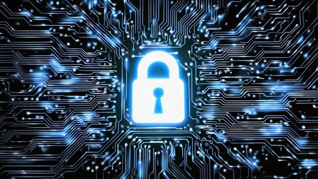 A digital padlock symbolizes security and protection in a world of interconnected circuits and data, highlighting the importance of cybersecurity in modern technology.