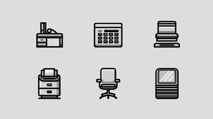 Modern Office Supplies and Furniture Icons Set: Desk, Calculator, Shredder, Printer, Chair, and Monitor for Business Graphics