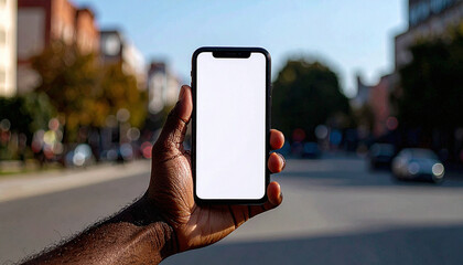 A afro human hand holding a white mockup smartphone, blank screen, no interface, no branding, natural daylight, shallow depth of field, lifestyle photography.