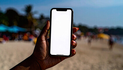 A afro human hand holding a white mockup smartphone, blank screen, no interface, no branding, natural daylight, shallow depth of field, lifestyle photography.