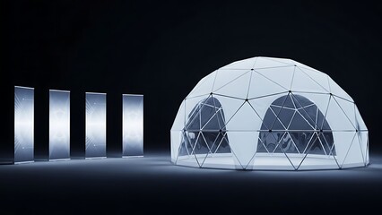 Modern Geodesic Dome Structure with Vertical Banners in Dark Setting.