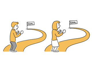 ゴールを目指す男女の線画イラスト / Men and Women Aiming for Goal Illustration