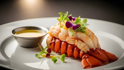 Exquisite Gourmet Lobster Tail Presentation with Succulent Shrimp and Melted Butter Sauce, a Luxurious Fine Dining Culinary Masterpiece Perfect for Special Occasions
