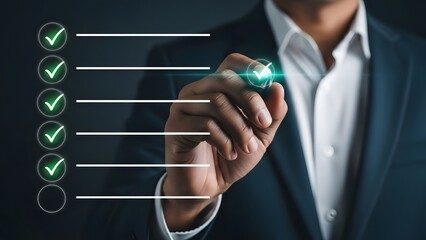 businessman's hand digitally marks off completed tasks on virtual checklist displayed on screen.