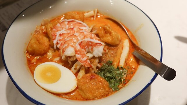 close up of Singaporean soup laksa noodles with boiled egg, prawns, rice vermicelli, egg noodles, bean sprout, water spinach, pork belly, crispy pork lard, carmelised onion with copy space