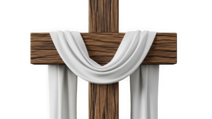 A wooden cross adorned with white cloth on a black background