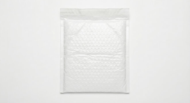A white bubble mailer is set on a plain background for branding and logo placement.