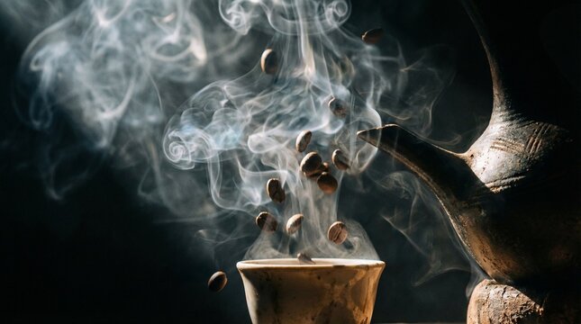 Smoke and coffee beans above a ceramic cup next to an Ethiopian jebena on a black background