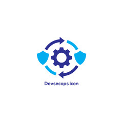 Blue DevSecOps icon with gear, shields and circular arrows, secure devops automation cybersecurity loop logo on white background isolated


