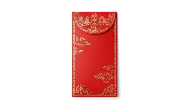 Vertical red Chinese envelope with gold ornamental patterns isolated on white background. Traditional angpao design for Chinese New Year and Lunar New Year with elegant minimal style and copy space.