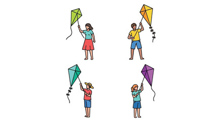 Children joyfully flying colorful kites on a bright sunny day with simple illustration