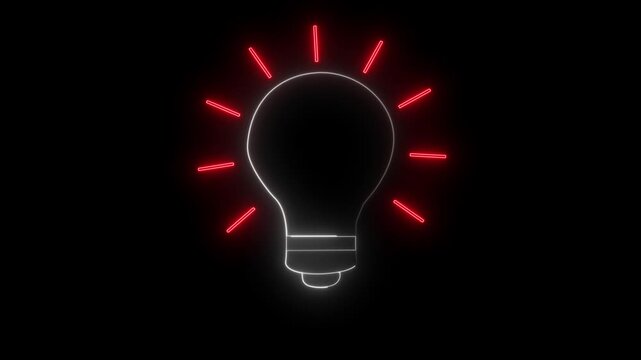 Neon Outline Light Bulb with Red Rays on Black Background image photo