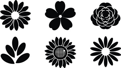 Fototapeta premium Flat design sheet of six floral silhouette icons arranged in two rows isolated on white background bold black vector art simple minimalist uniform spacing rounded petal