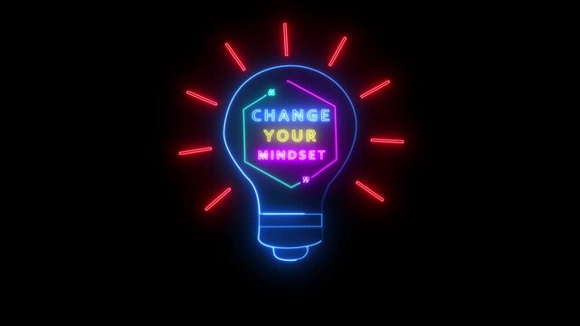 Blue Neon Light Bulb with " Change Your Mindset" Text and Red Rays on Black Background outline