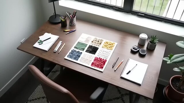 Creative workspace with mood board and art supplies by the window.