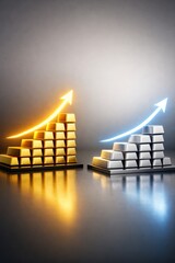 Rising bar chart with orange and blue arrows, business growth comparison concept