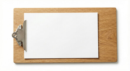 White paper rests on a wooden clipboard, providing copyspace for logos and designs.