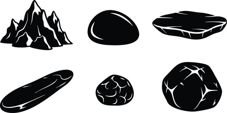 Line art close up rock icon set featuring mountain slab pebble cobble and cracked boulder isolated on white background bold vector illustration minimalist silhouette ink style