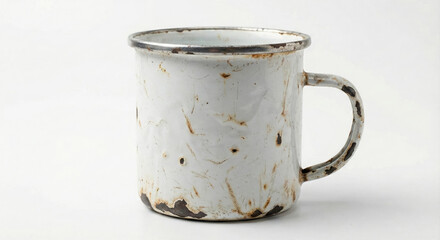 Metal cup stands alone on white background, showing surface wear for use in logos.