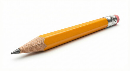 Yellow pencil is isolated on a white background providing copyspace for logos.