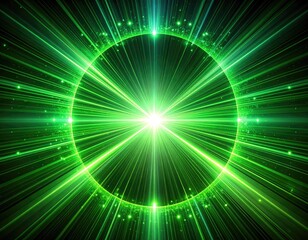 Intense green light bursts outward from a central glowing point, forming a circular pattern