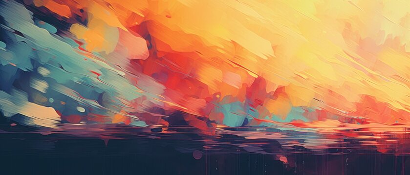 Abstract paint strokes of orange yellow red and blue create a chaotic landscape with dark reflection