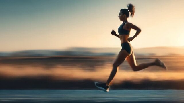 A dynamic image of a woman sprinting in an open landscape, depicting determination and athleticism. The sunset casts a warm glow, enhancing the energetic atmosphere of the scene.