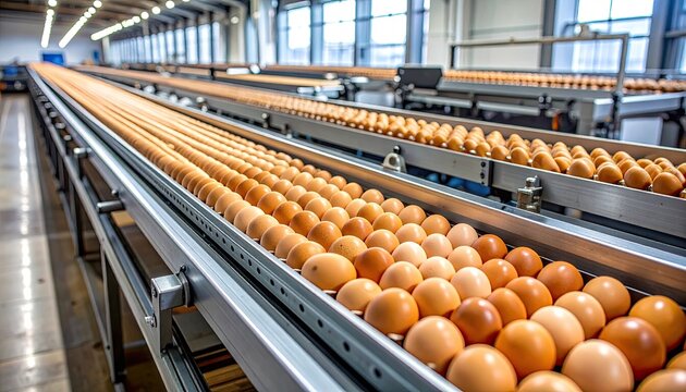 Large-scale egg processing facility shows rows of eggs moving along conveyor belts