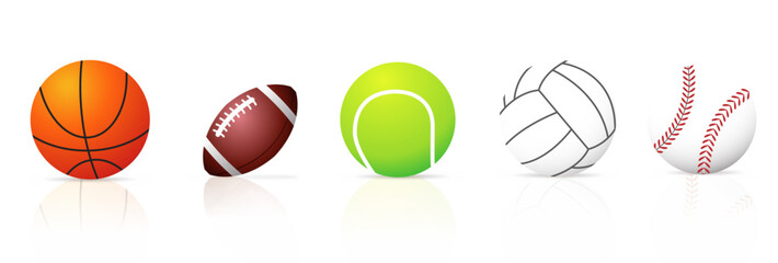 Clean row of illustrated sports balls including basketball, rugby, tennis, volleyball and baseball icons, isolated on white background for sports branding and education