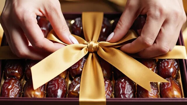 Gift wrapping a box of dates with a golden ribbon, hands visible, on a white background, for holiday or special occasion