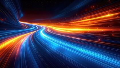 Abstract visual of blue and orange light streams flowing along curved paths in a dark space