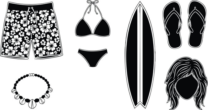 Flat design bold black silhouette beach clothing set with floral swim trunks and triangle bikini plus longboard flip flops shell necklace and wavy hair isolated minimal