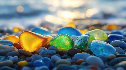 Vibrant gemstones on the beach with polished sea glass and colorful pebbles at sunset