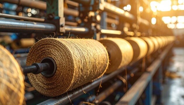 Close-up of a series of yarn rolls on a machine, bathed in sunlight