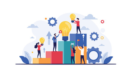Group of business professionals working together to build a successful growth chart using creative ideas and mechanical gears.