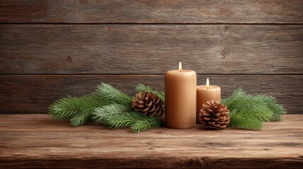 Warm Holiday Scene on Wooden Surface with Candles, Pine Cones, and Evergreen Decorations for Cozy Atmosphere